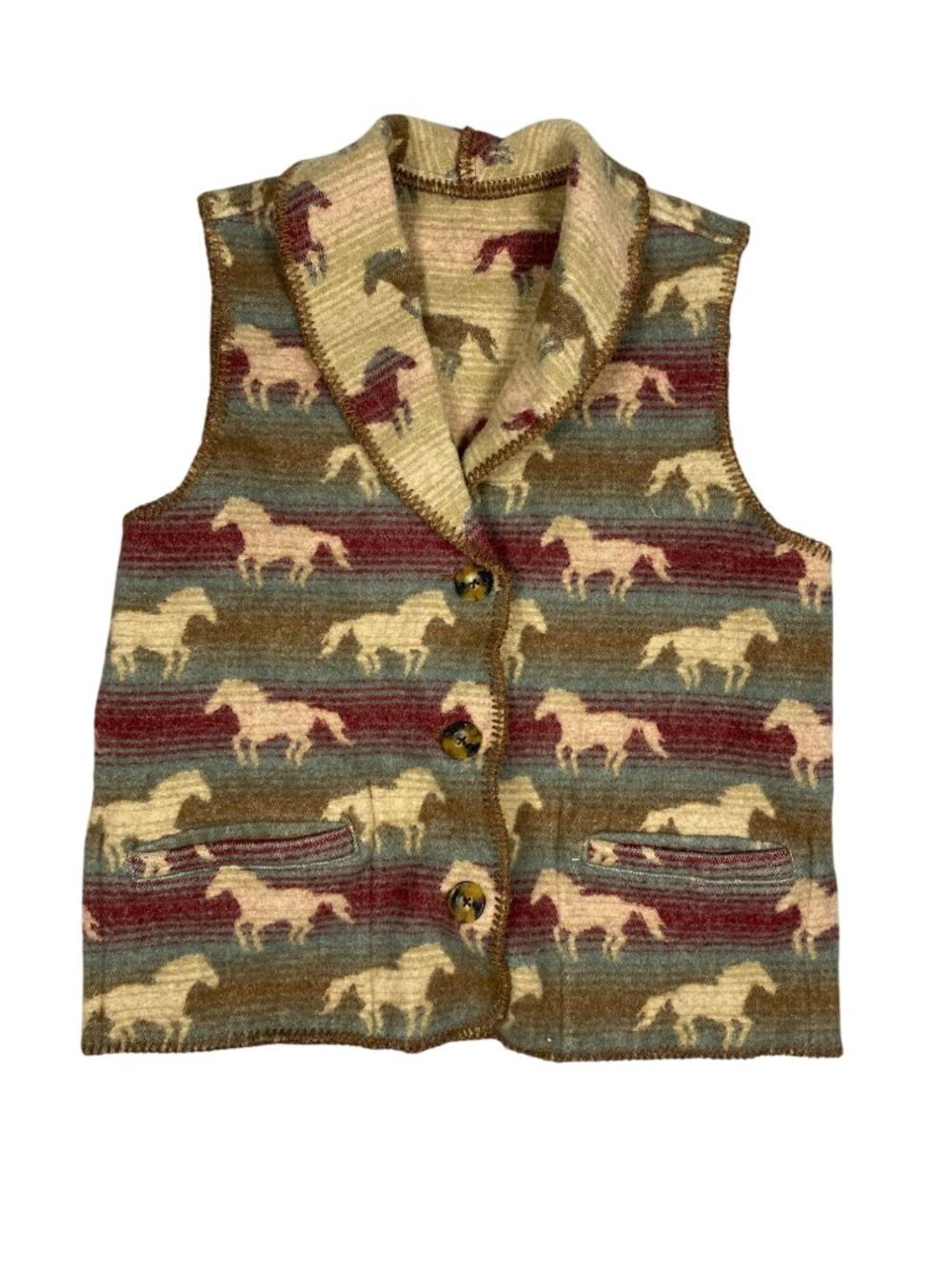 Vintage Horse Print Wool Blend Vest With Button Closure & Pockets